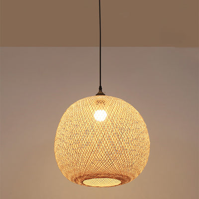 Traditional Japanese Bamboo Woven Round Orb Bamboo 1-Light Pendant Light For Bedroom