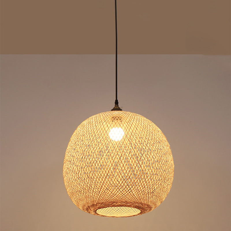 Traditional Japanese Bamboo Woven Round Orb Bamboo 1-Light Pendant Light For Bedroom