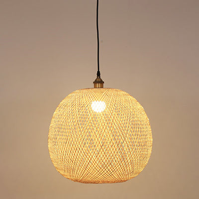 Traditional Japanese Bamboo Woven Round Orb Bamboo 1-Light Pendant Light For Bedroom