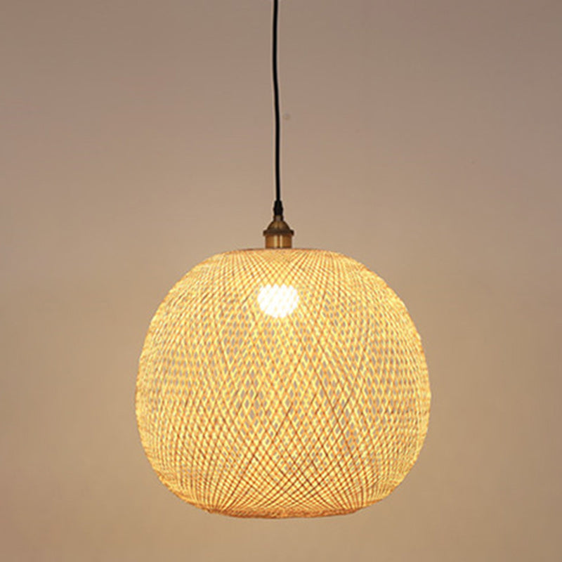 Traditional Japanese Bamboo Woven Round Orb Bamboo 1-Light Pendant Light For Bedroom