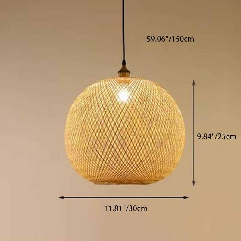 Traditional Japanese Bamboo Woven Round Orb Bamboo 1-Light Pendant Light For Bedroom