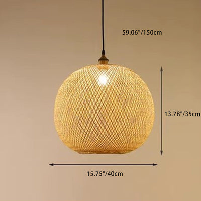 Traditional Japanese Bamboo Woven Round Orb Bamboo 1-Light Pendant Light For Bedroom