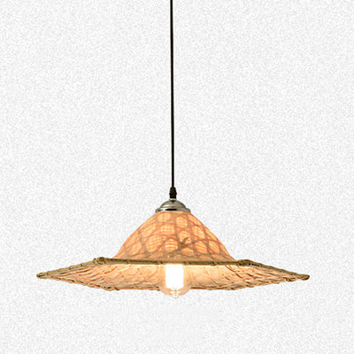 Traditional Farmhouse Conical Bucket Hat Bamboo Leaf 1-Light Pendant Light For Dining Room