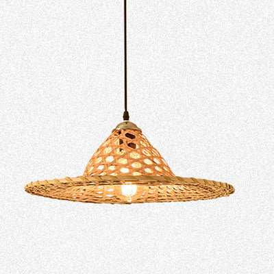 Traditional Farmhouse Conical Bucket Hat Bamboo Leaf 1-Light Pendant Light For Dining Room