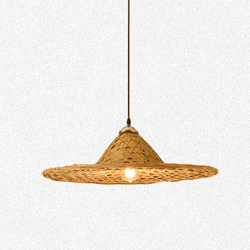 Traditional Farmhouse Conical Bucket Hat Bamboo Leaf 1-Light Pendant Light For Dining Room