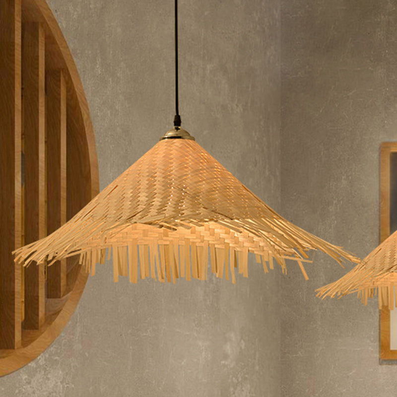 Traditional Farmhouse Conical Bucket Hat Bamboo Leaf 1-Light Pendant Light For Dining Room