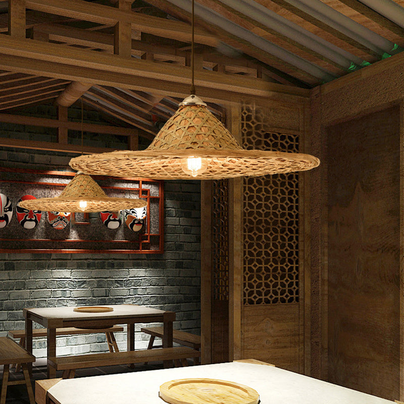 Traditional Farmhouse Conical Bucket Hat Bamboo Leaf 1-Light Pendant Light For Dining Room