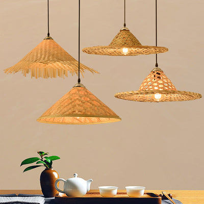 Traditional Farmhouse Conical Bucket Hat Bamboo Leaf 1-Light Pendant Light For Dining Room