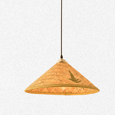 Traditional Farmhouse Conical Bucket Hat Bamboo Leaf 1-Light Pendant Light For Dining Room