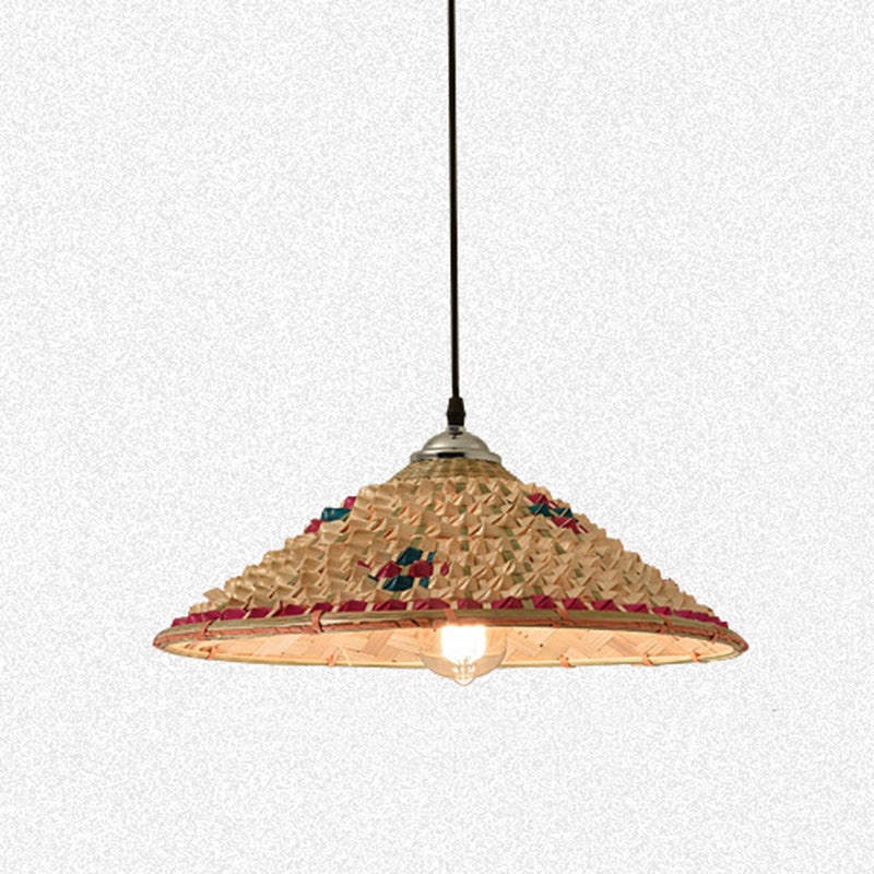 Traditional Farmhouse Conical Bucket Hat Bamboo Leaf 1-Light Pendant Light For Dining Room