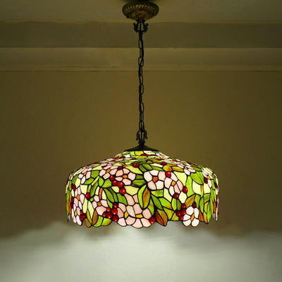 Traditional Tiffany Flower Round Cone Metal Stained Glass 3-Light Pendant Light For Bedroom