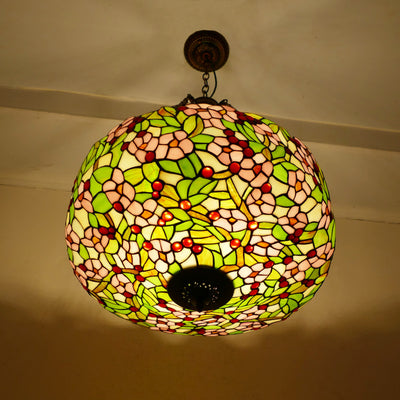 Traditional Tiffany Flower Round Cone Metal Stained Glass 3-Light Pendant Light For Bedroom