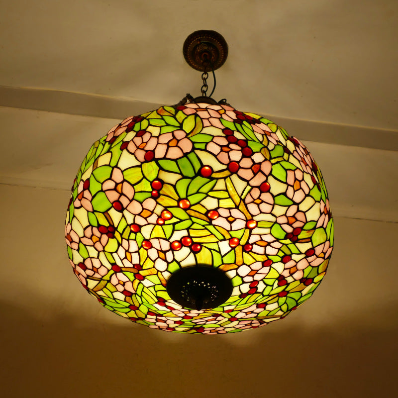 Traditional Tiffany Flower Round Cone Metal Stained Glass 3-Light Pendant Light For Bedroom