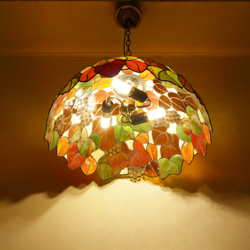 Traditional Tiffany Flower Round Cone Metal Stained Glass 3-Light Pendant Light For Bedroom