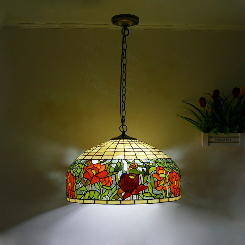 Traditional Tiffany Flower Round Cone Metal Stained Glass 3-Light Pendant Light For Bedroom