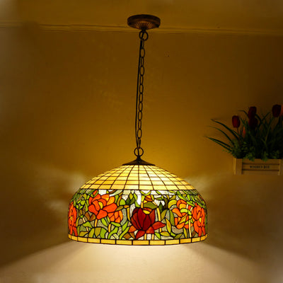 Traditional Tiffany Flower Round Cone Metal Stained Glass 3-Light Pendant Light For Bedroom