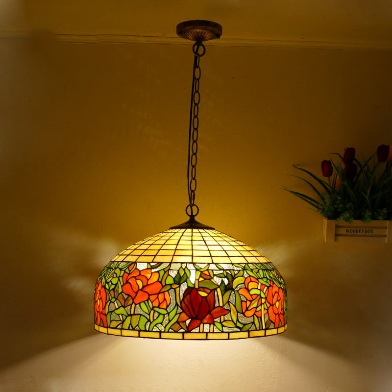 Traditional Tiffany Flower Round Cone Metal Stained Glass 3-Light Pendant Light For Bedroom