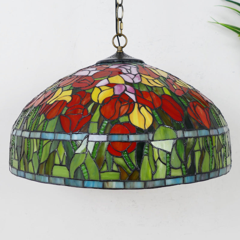 Traditional Tiffany Flower Round Cone Metal Stained Glass 3-Light Pendant Light For Bedroom