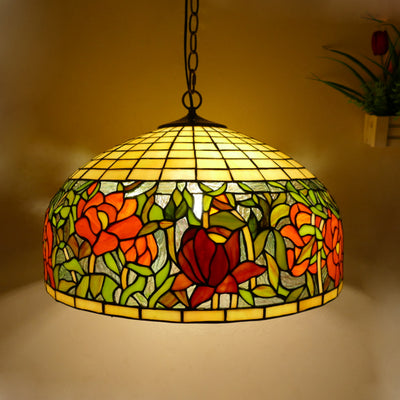 Traditional Tiffany Flower Round Cone Metal Stained Glass 3-Light Pendant Light For Bedroom