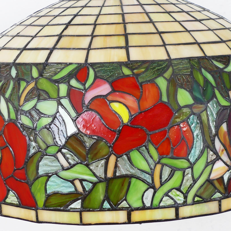 Traditional Tiffany Flower Round Cone Metal Stained Glass 3-Light Pendant Light For Bedroom