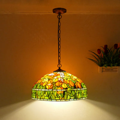 Traditional Tiffany Flower Round Cone Metal Stained Glass 3-Light Pendant Light For Bedroom