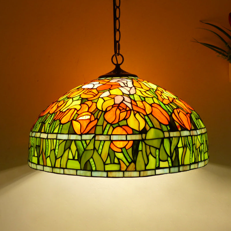 Traditional Tiffany Flower Round Cone Metal Stained Glass 3-Light Pendant Light For Bedroom