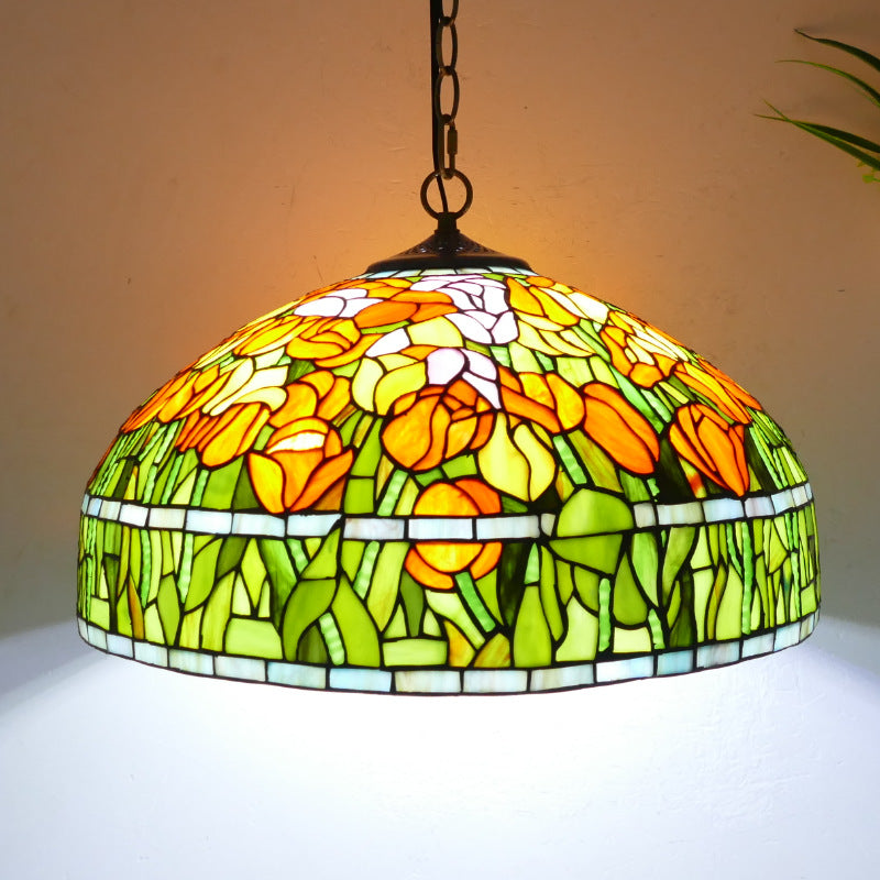 Traditional Tiffany Flower Round Cone Metal Stained Glass 3-Light Pendant Light For Bedroom