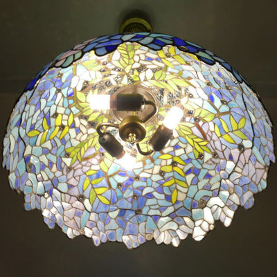 Traditional Tiffany Flower Round Cone Metal Stained Glass 3-Light Pendant Light For Bedroom