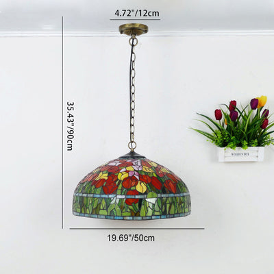 Traditional Tiffany Flower Round Cone Metal Stained Glass 3-Light Pendant Light For Bedroom