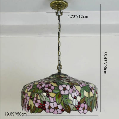 Traditional Tiffany Flower Round Cone Metal Stained Glass 3-Light Pendant Light For Bedroom