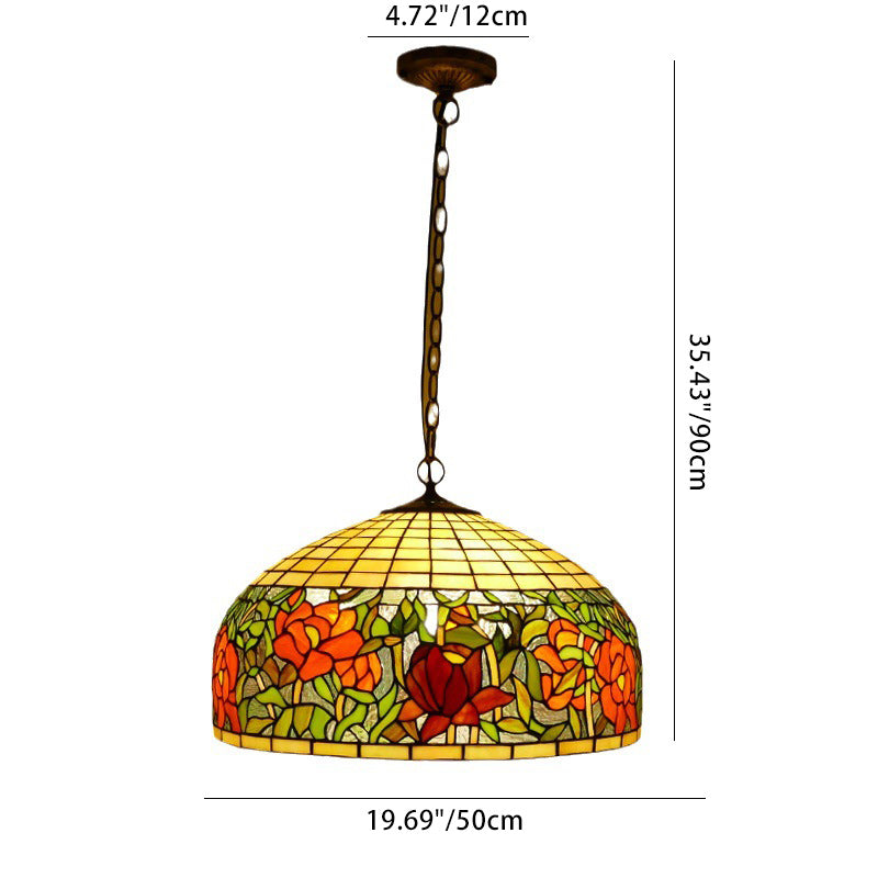 Traditional Tiffany Flower Round Cone Metal Stained Glass 3-Light Pendant Light For Bedroom