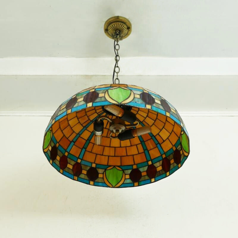 Traditional Tiffany Flower Round Cone Metal Stained Glass 3-Light Pendant Light For Bedroom