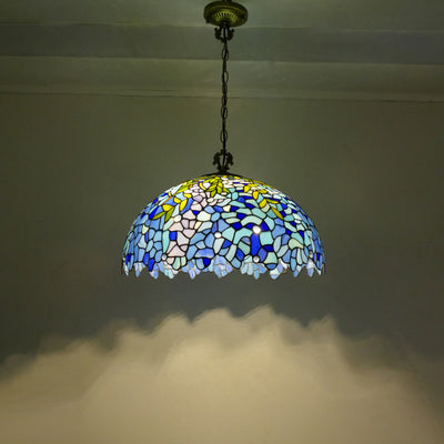 Traditional Tiffany Flower Round Cone Metal Stained Glass 3-Light Pendant Light For Bedroom