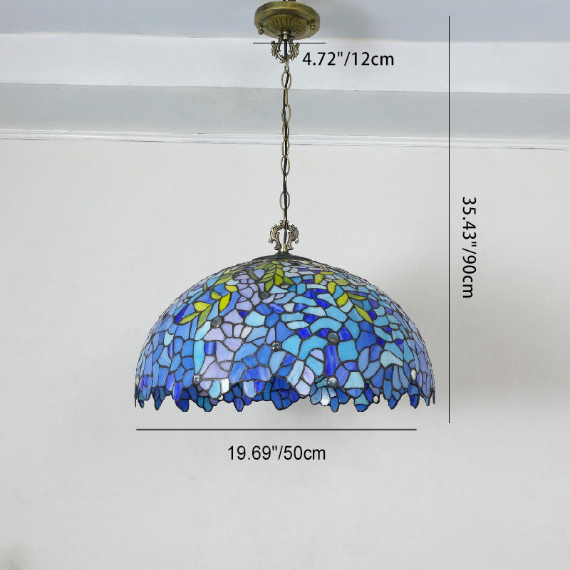 Traditional Tiffany Flower Round Cone Metal Stained Glass 3-Light Pendant Light For Bedroom