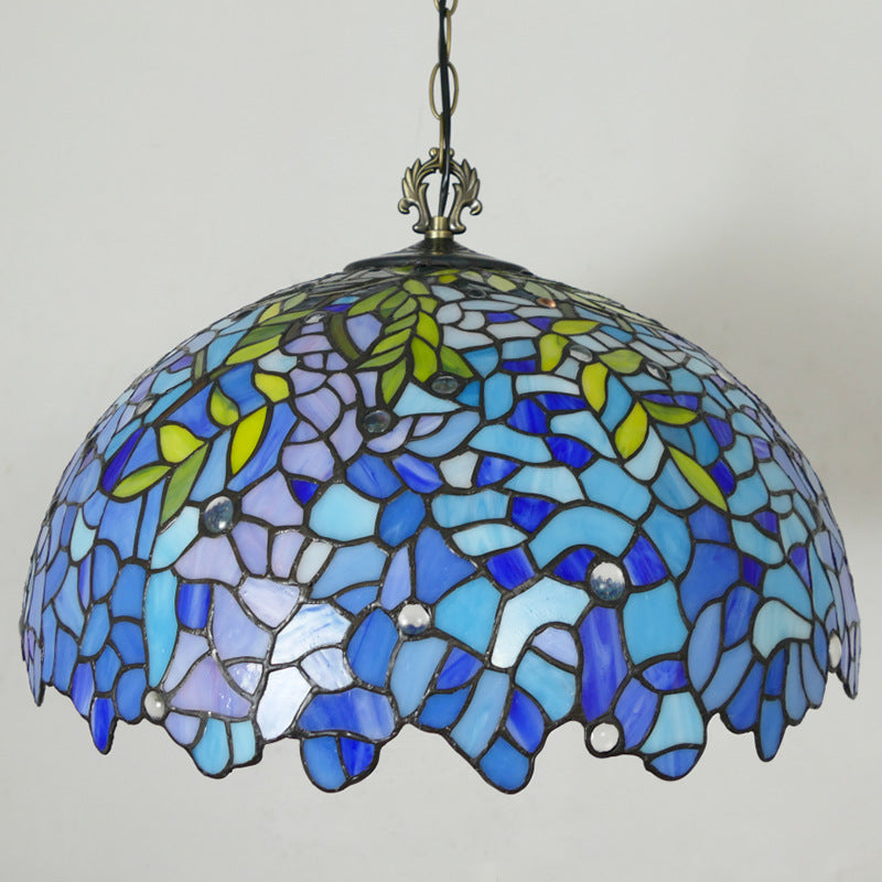 Traditional Tiffany Flower Round Cone Metal Stained Glass 3-Light Pendant Light For Bedroom