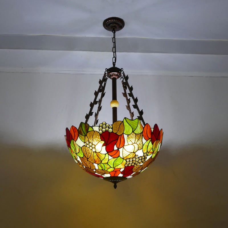 Traditional Tiffany Flower Round Basin Shape Metal Stained Glass 5-Light Pendant Light For Bedroom