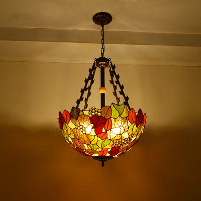 Traditional Tiffany Flower Round Basin Shape Metal Stained Glass 5-Light Pendant Light For Bedroom