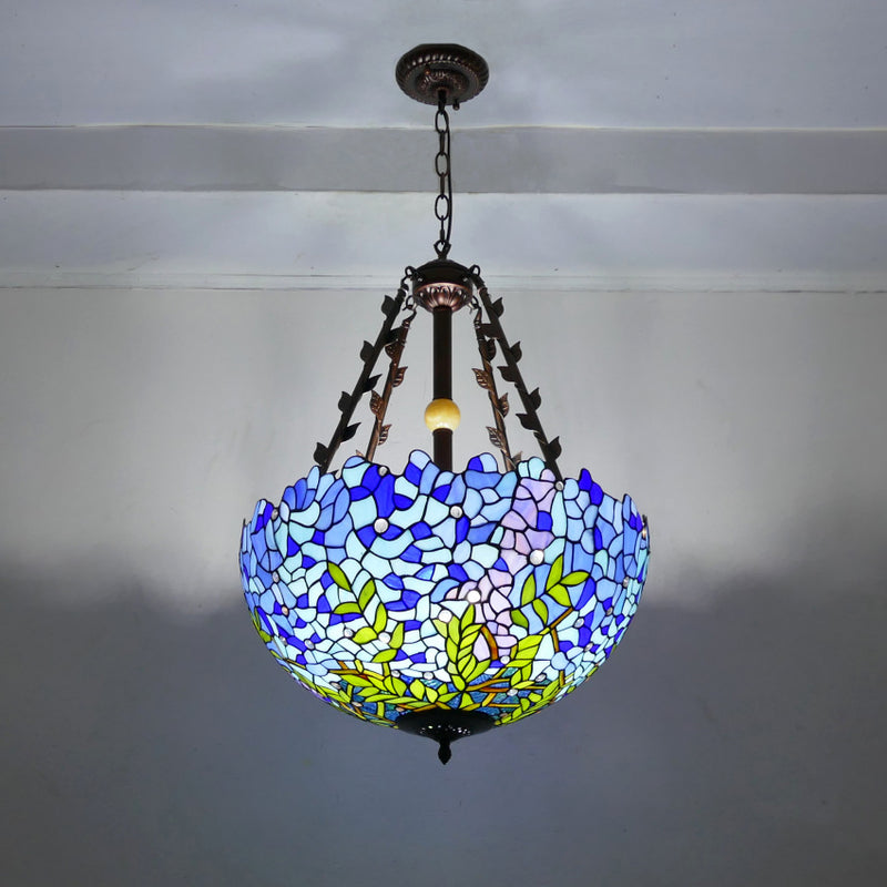 Traditional Tiffany Flower Round Basin Shape Metal Stained Glass 5-Light Pendant Light For Bedroom