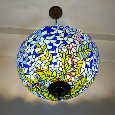 Traditional Tiffany Flower Round Basin Shape Metal Stained Glass 5-Light Pendant Light For Bedroom