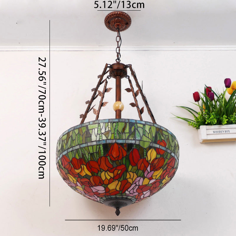 Traditional Tiffany Flower Round Basin Shape Metal Stained Glass 5-Light Pendant Light For Bedroom