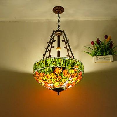 Traditional Tiffany Flower Round Basin Shape Metal Stained Glass 5-Light Pendant Light For Bedroom