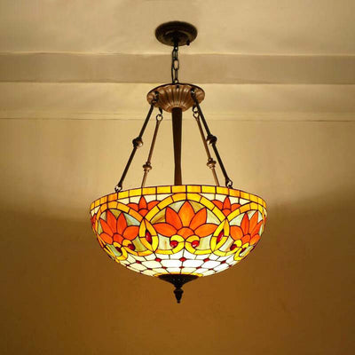 Traditional Tiffany Flower Round Basin Shape Metal Stained Glass 5-Light Pendant Light For Bedroom