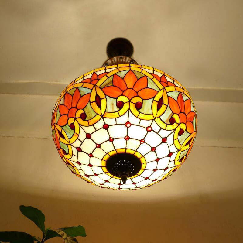 Traditional Tiffany Flower Round Basin Shape Metal Stained Glass 5-Light Pendant Light For Bedroom