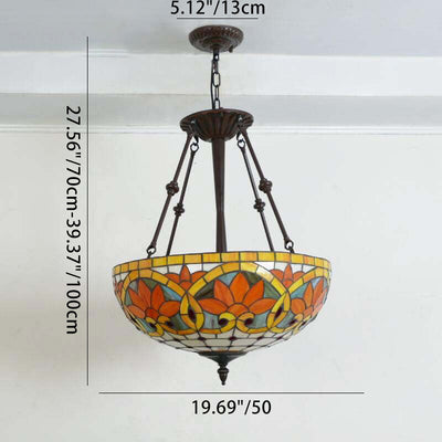 Traditional Tiffany Flower Round Basin Shape Metal Stained Glass 5-Light Pendant Light For Bedroom