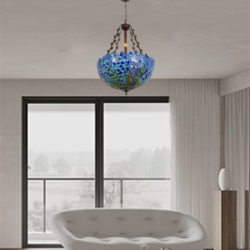 Traditional Tiffany Flower Round Basin Shape Metal Stained Glass 5-Light Pendant Light For Bedroom