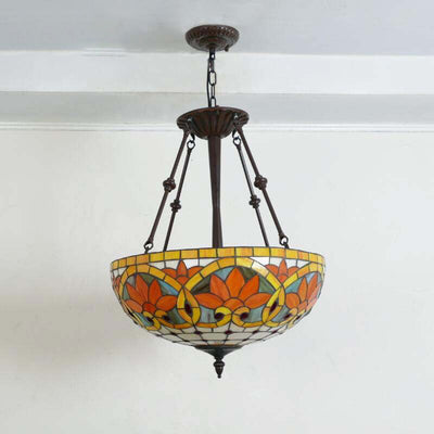 Traditional Tiffany Flower Round Basin Shape Metal Stained Glass 5-Light Pendant Light For Bedroom