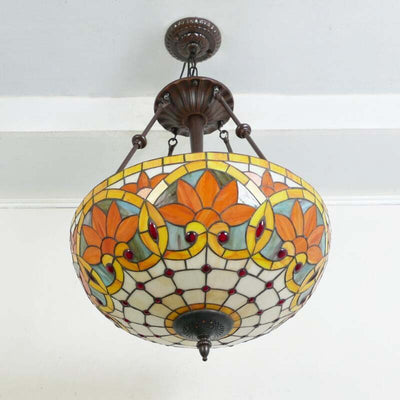 Traditional Tiffany Flower Round Basin Shape Metal Stained Glass 5-Light Pendant Light For Bedroom