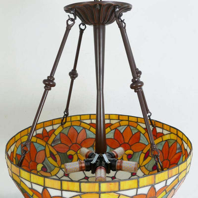 Traditional Tiffany Flower Round Basin Shape Metal Stained Glass 5-Light Pendant Light For Bedroom