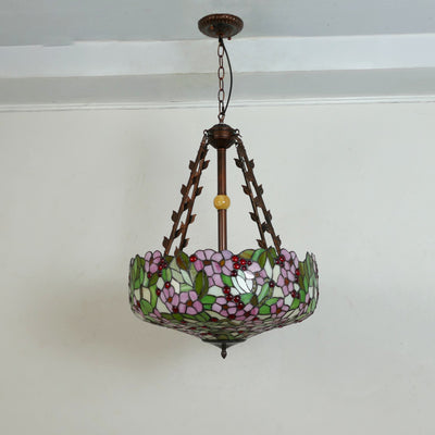 Traditional Tiffany Flower Round Basin Shape Metal Stained Glass 5-Light Pendant Light For Bedroom