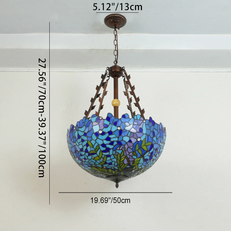 Traditional Tiffany Flower Round Basin Shape Metal Stained Glass 5-Light Pendant Light For Bedroom